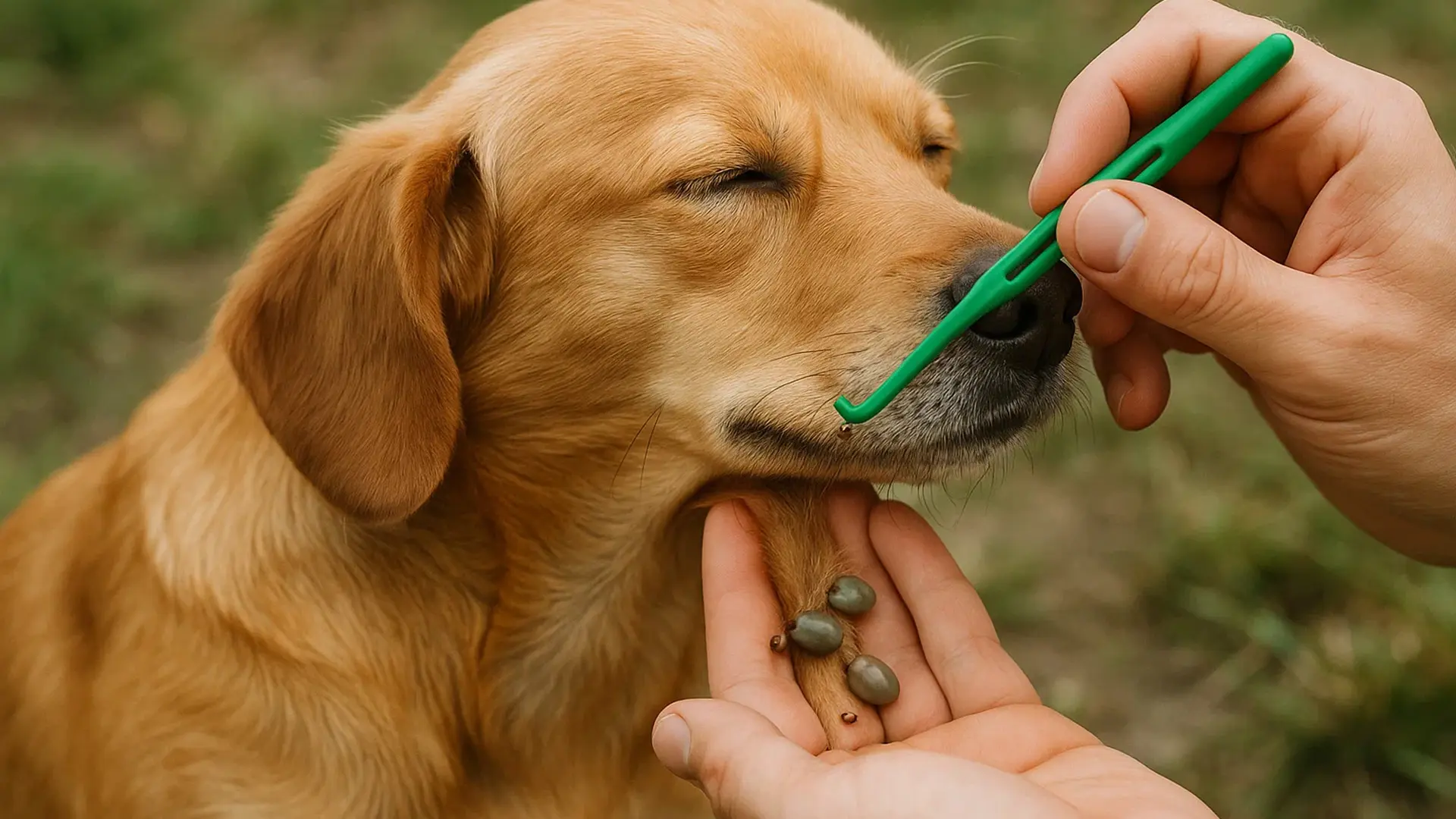 A tick being removed from a golden retriever's muzzle.