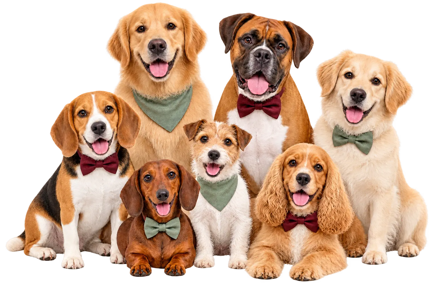 Seven dogs in sage and burgundy bow ties posed together for a group portrait