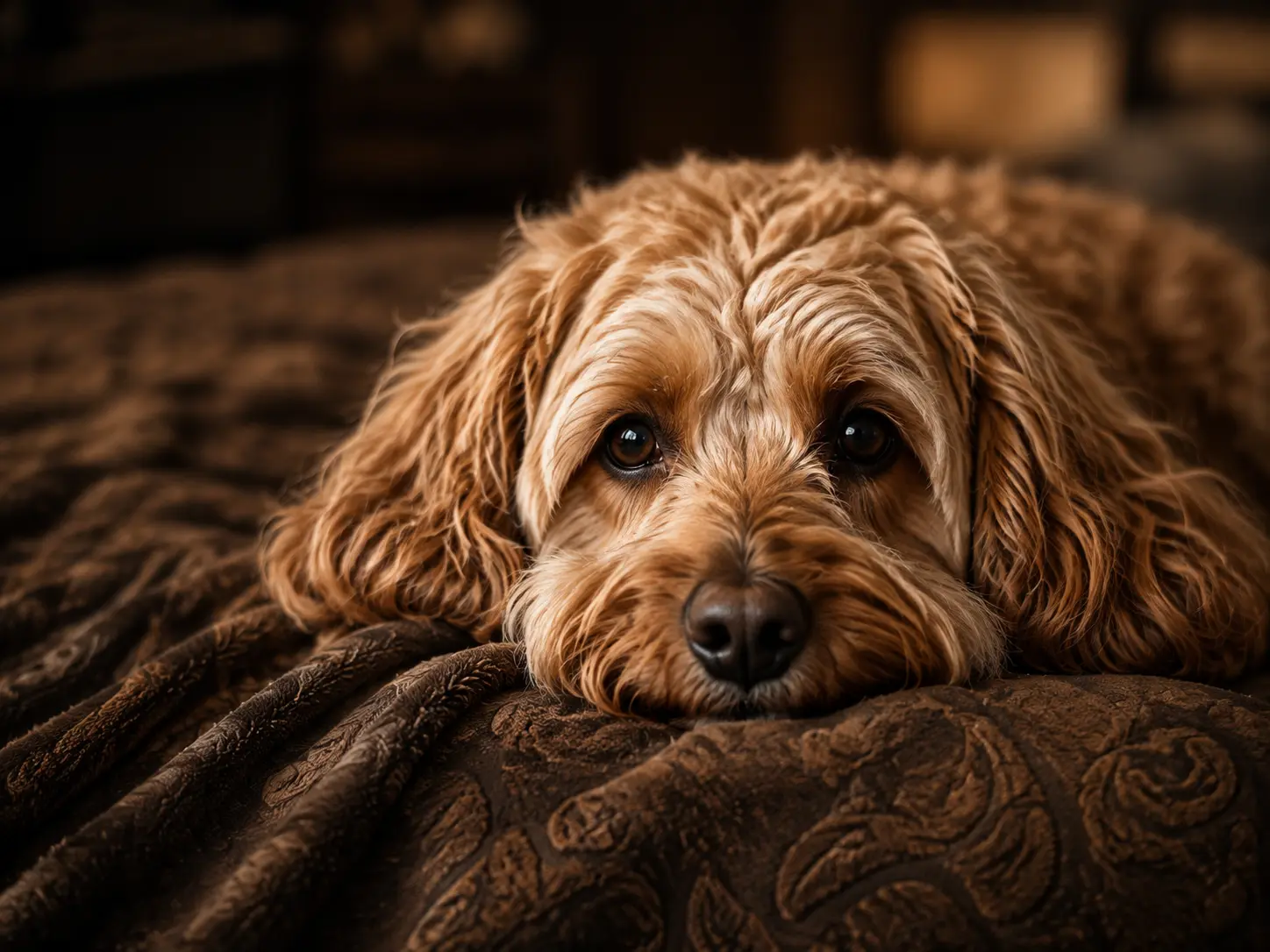 Apricot cockapoo resting its head on a brown blanket