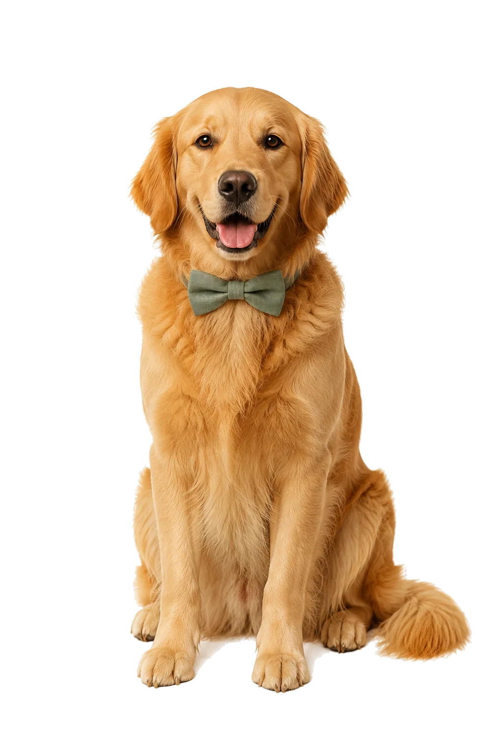 Golden retriever wearing a sage bow tie