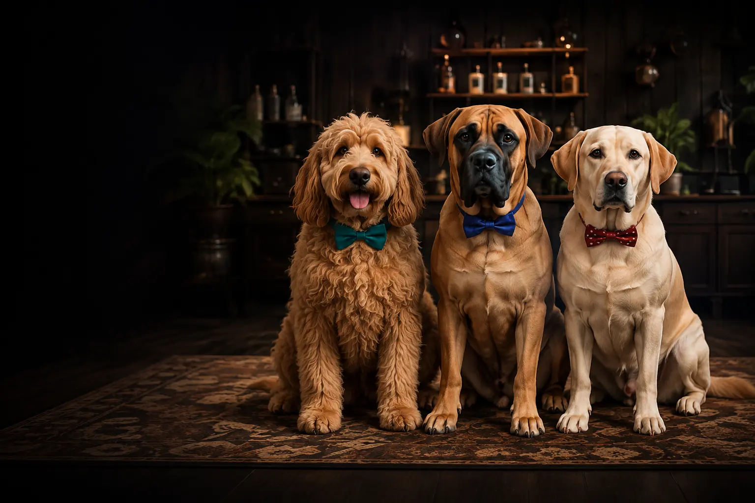 Goldendoodle, mastiff and yellow labrador in bow ties sitting on a patterned rug in the grooming studio