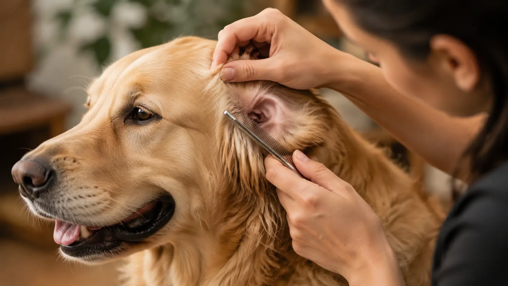 Groomer combing behind a golden retriever’s ear during a tick check