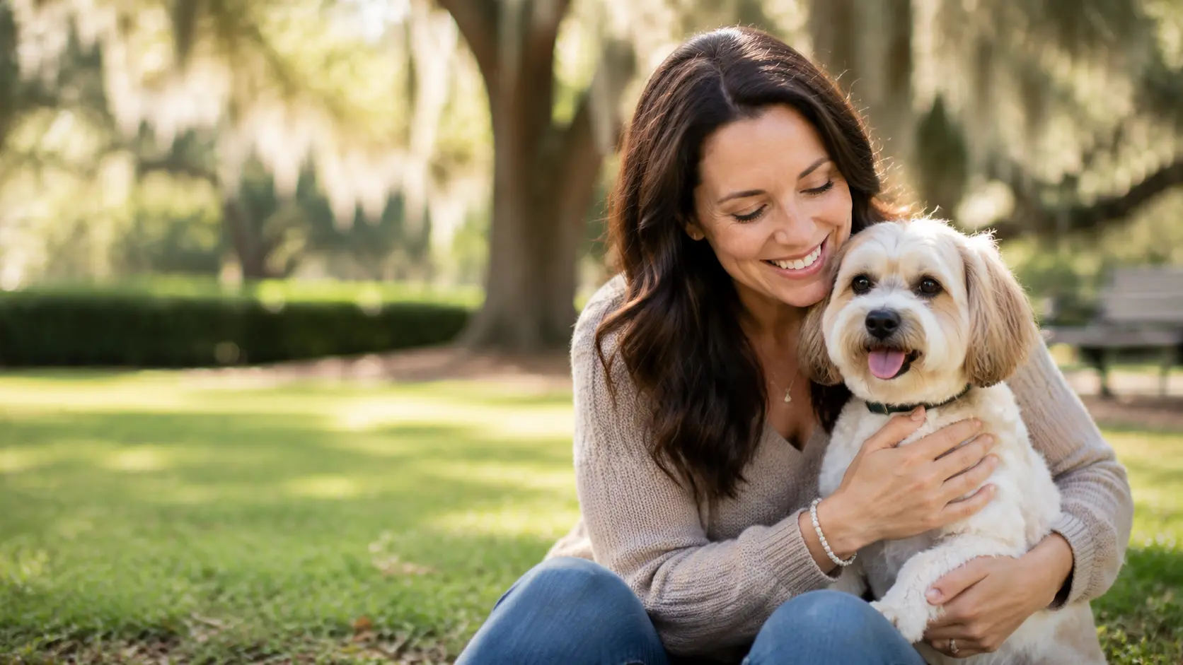 Owner smiling with her freshly groomed cream-coated dog in a park