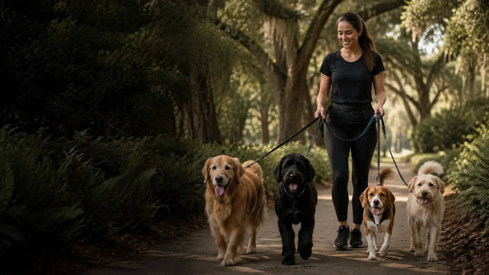 Walker leading four dogs along a shaded Southern garden path