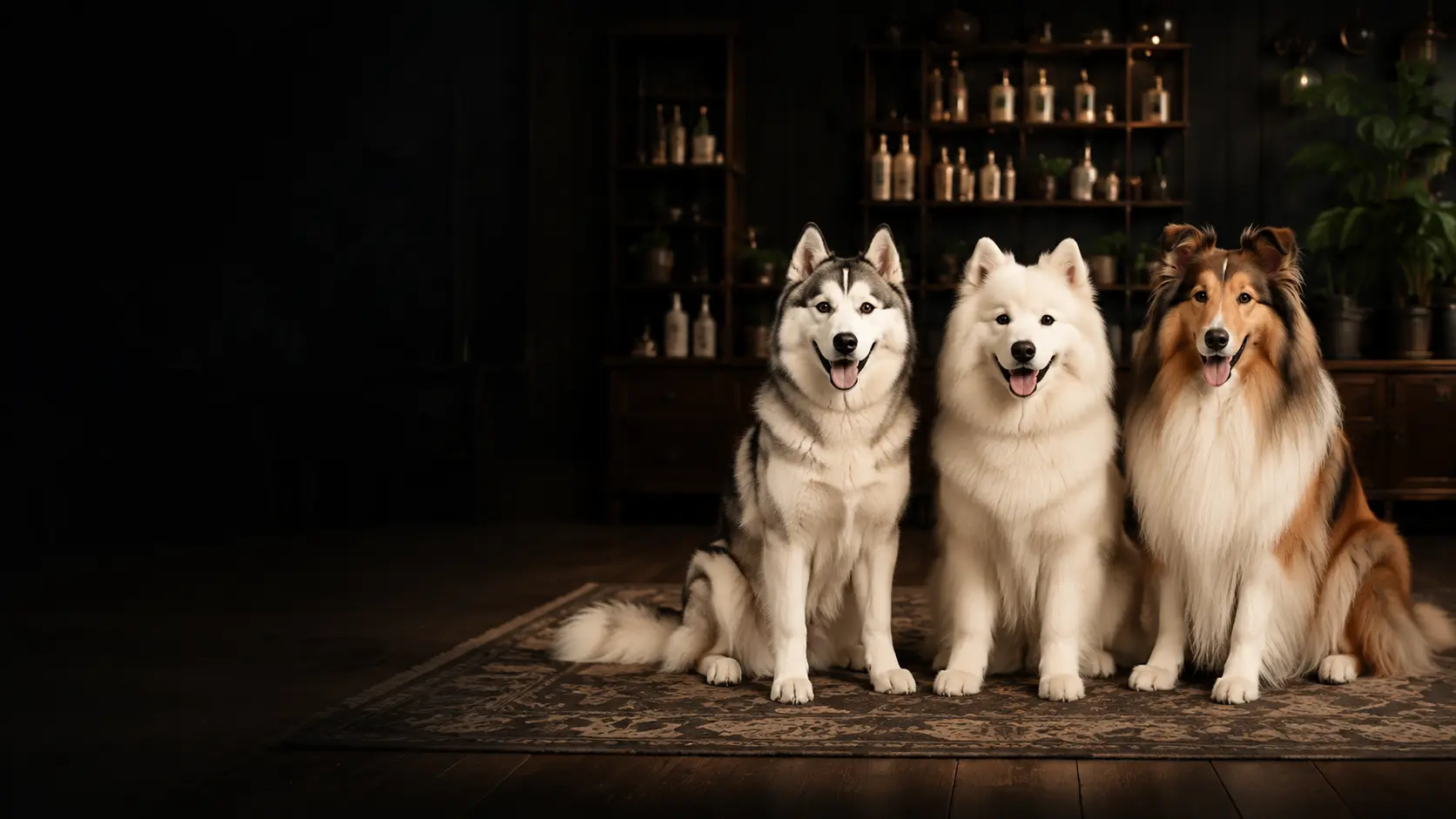 Husky, samoyed and rough collie with full double coats sitting side by side