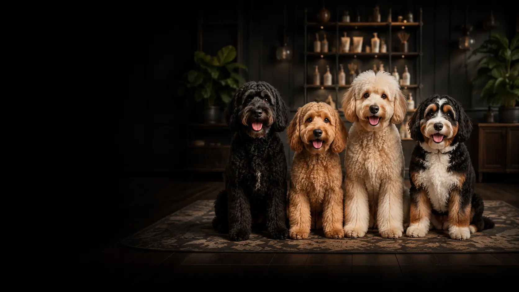 Four freshly groomed doodles sitting in a row on a patterned rug
