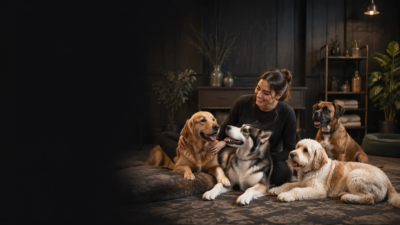 Sitter relaxing on the floor with four dogs resting around her