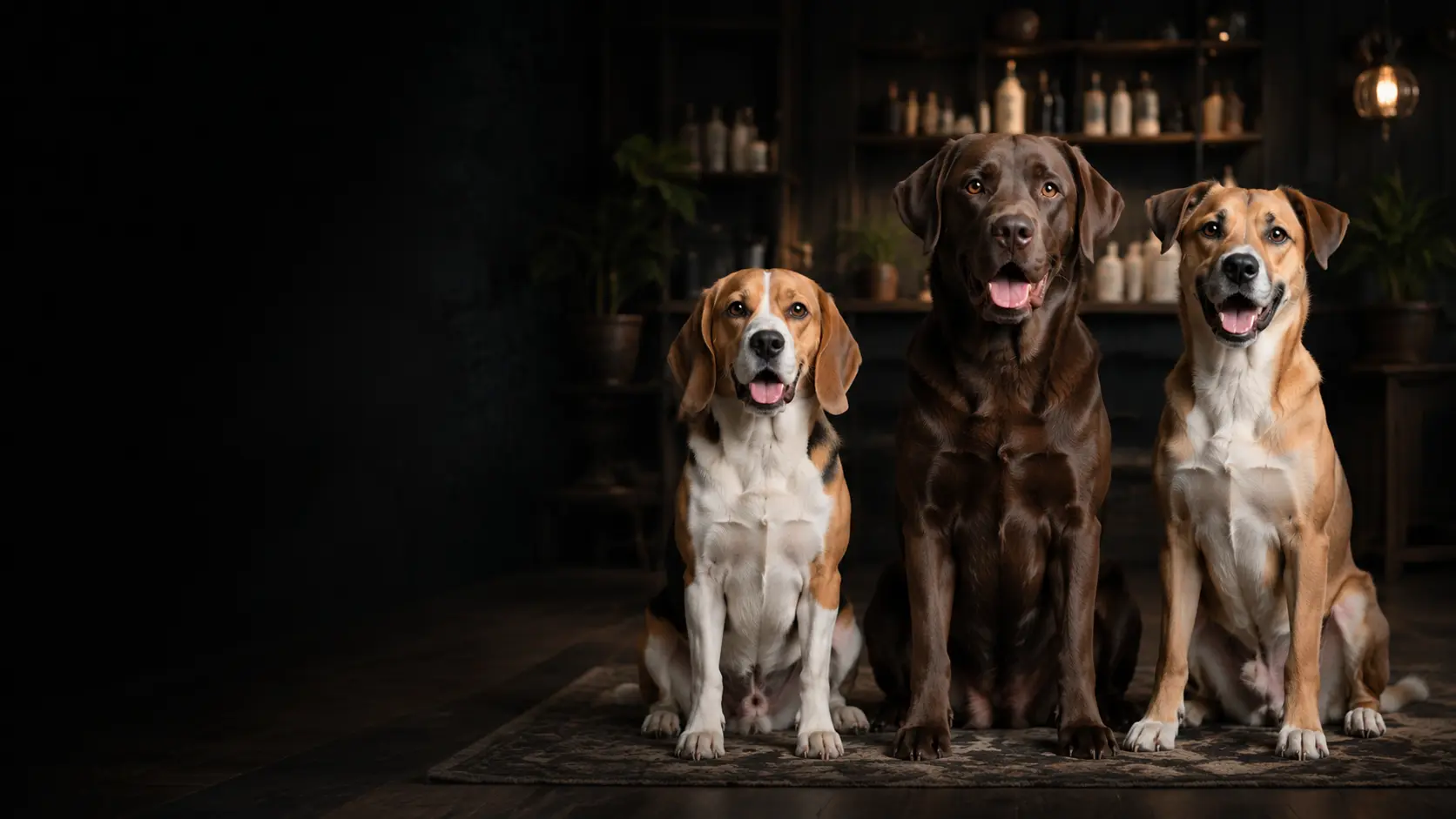 Beagle, chocolate labrador and tan mixed-breed dog sitting together in the dark studio