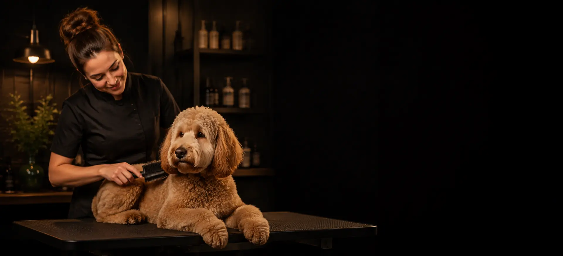 A professional groomer gently brushing a relaxed apricot doodle