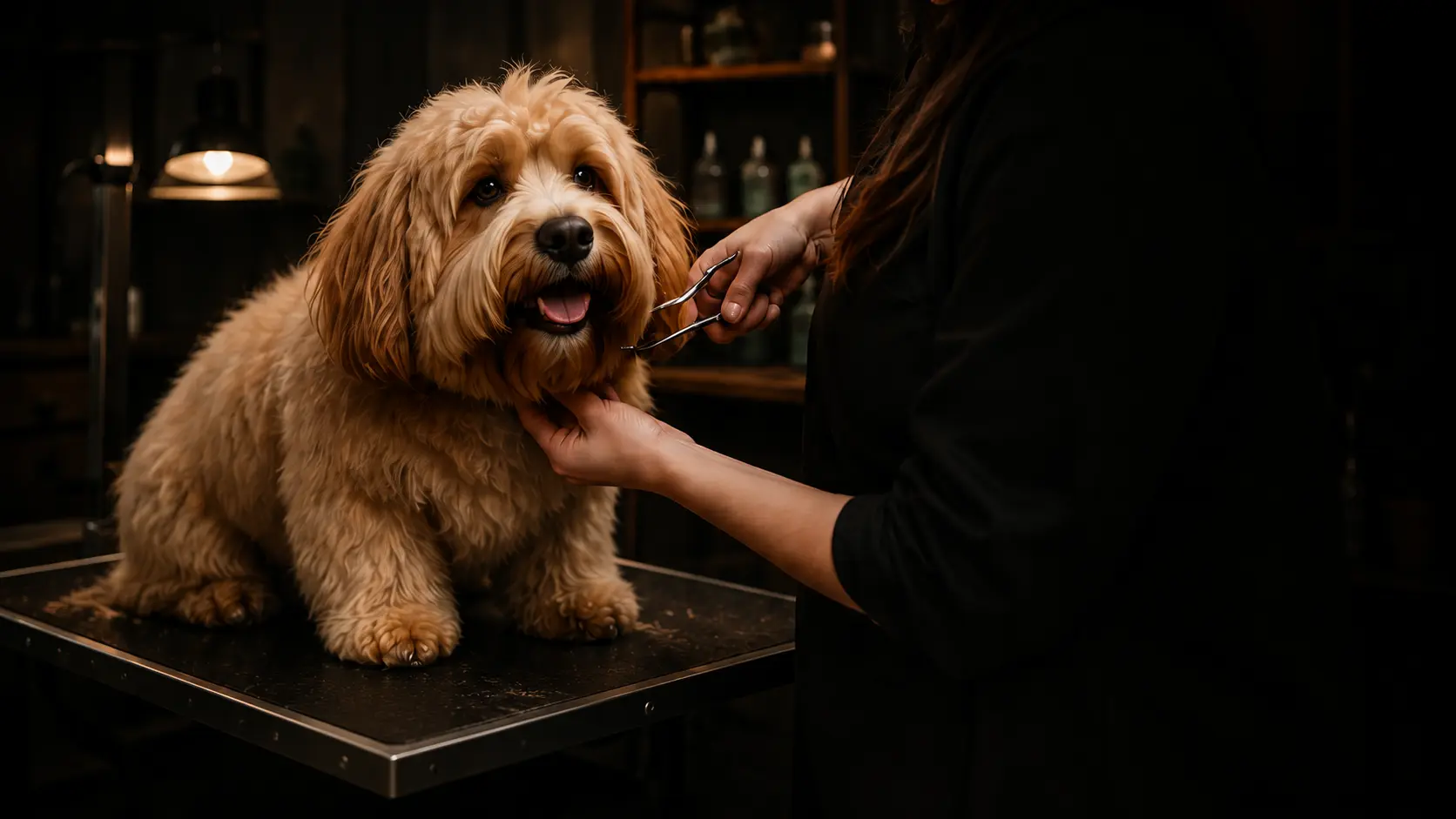 A happy apricot doodle being gently groomed in a warmly lit salon.