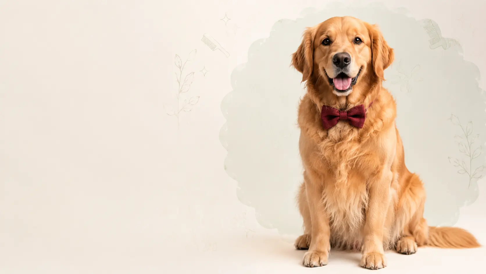 Golden retriever in a burgundy bow tie sitting on a soft ivory studio backdrop