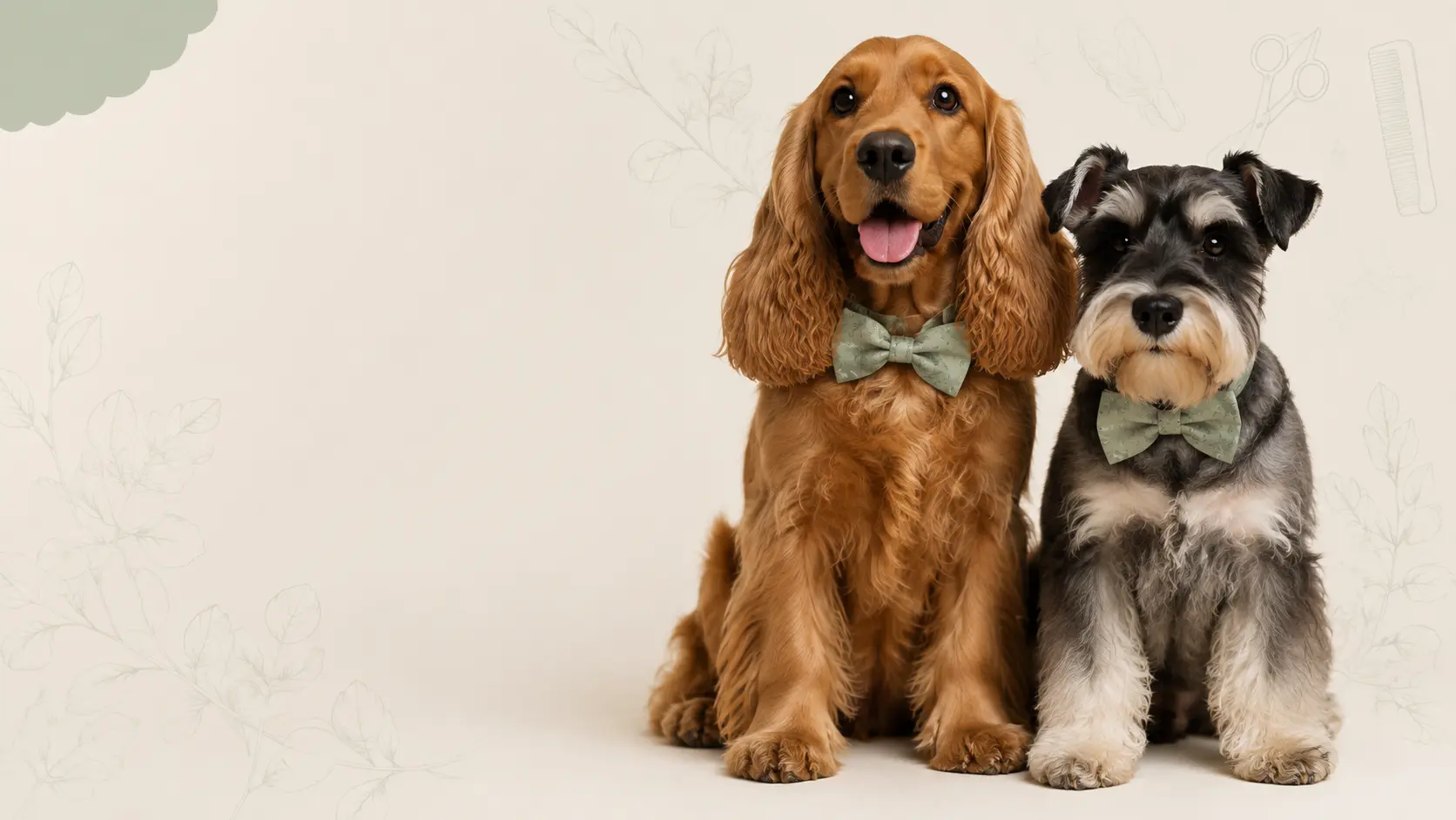 Cocker spaniel and schnauzer in sage bow ties sitting side by side after grooming