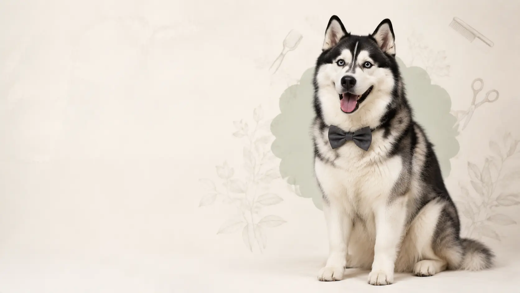 Freshly groomed husky in a charcoal bow tie against an ivory studio backdrop